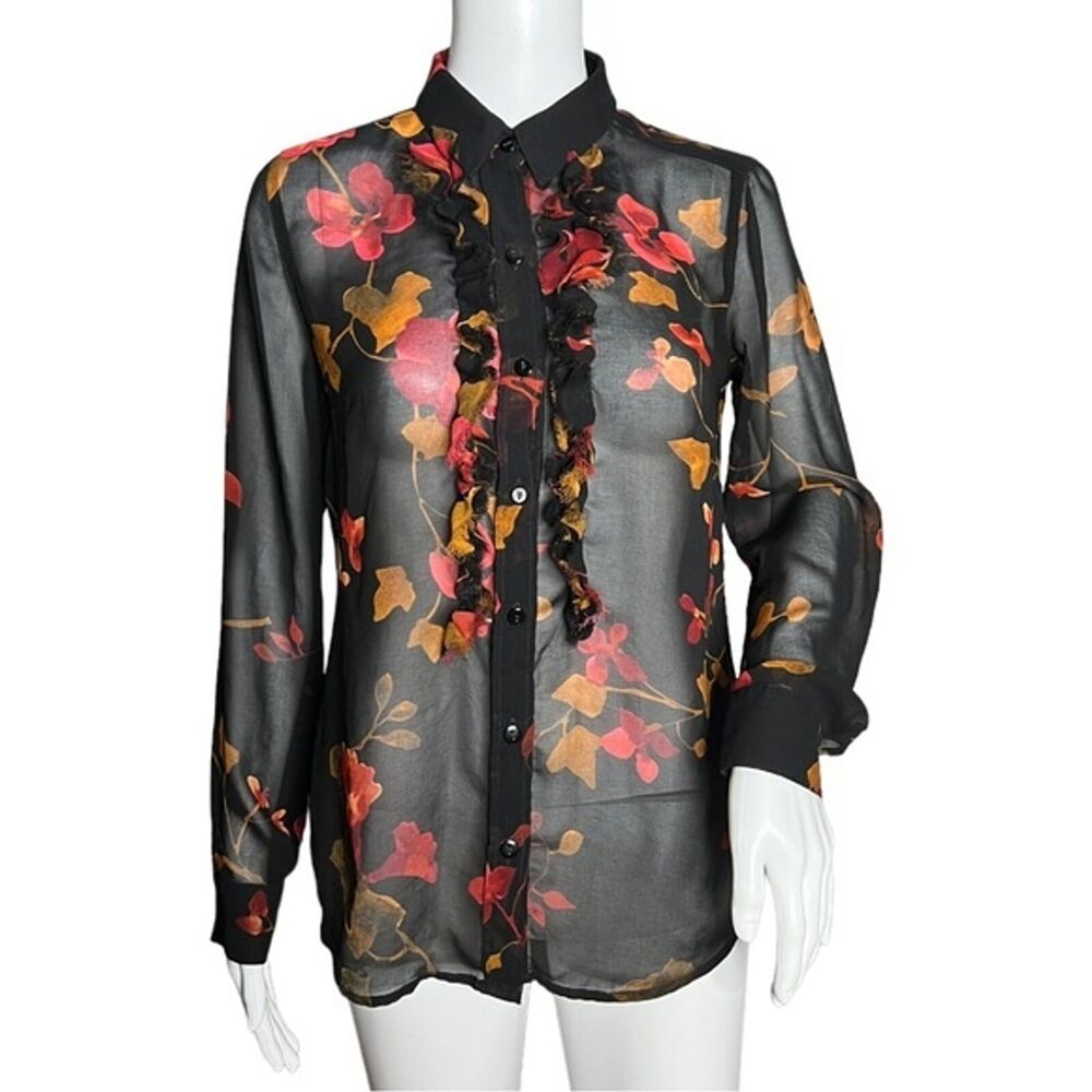 Cabi Shirt Black Multi Midnight Floral Sheer Catherine Blouse Dark Floral Whimsy